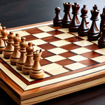 **Elegant wooden chess set. Pieces made of dark and light wood on a varnished chessboard.** (Focuses on the initial impression of the chess set.)