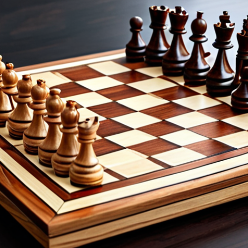 Home 25 **Elegant wooden chess set. Pieces made of dark and light wood on a varnished chessboard.** (Focuses on the initial impression of the chess set.)