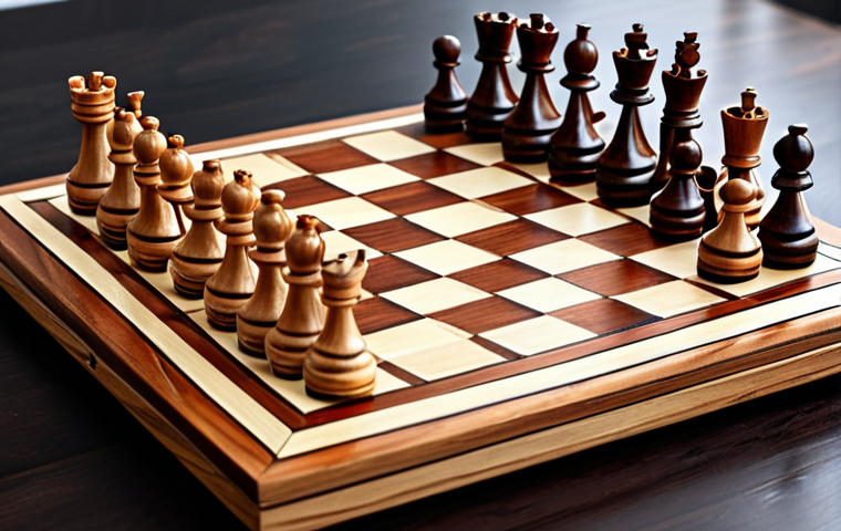 **Elegant wooden chess set. Pieces made of dark and light wood on a varnished chessboard.** (Focuses on the initial impression of the chess set.)