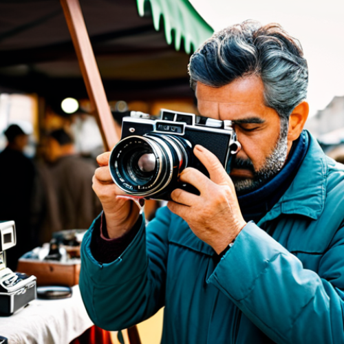 Home 24 A professional male photographer, fully clothed in a modest, practical jacket and trousers, carefully inspecting a vintage analog camera at a vibrant Portuguese flea market. He holds the camera with well-formed hands, examining the lens with a focused expression. The background features blurred market stalls filled with diverse antique items and a friendly vendor in appropriate attire. The scene is bathed in natural daylight, emphasizing detailed textures and an authentic atmosphere. Safe for work, appropriate content, perfect anatomy, correct proportions, natural pose, professional photography, high quality, family-friendly.