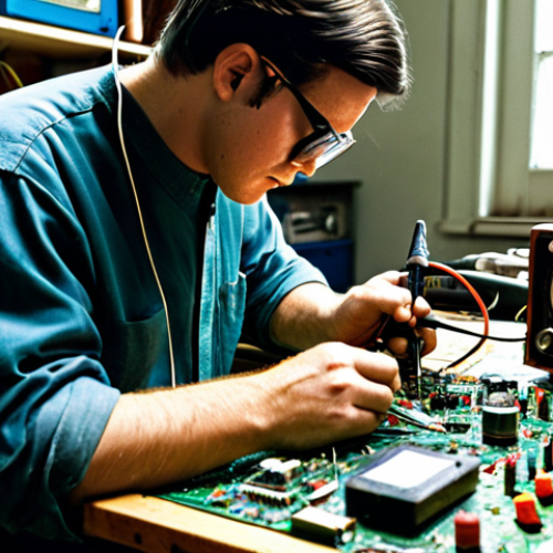 Home 9 Vintage Electronics Repair Workspace**
A well-lit workbench cluttered with vintage electronic components: resistors, capacitors, a multimeter, and a soldering iron. A person wearing appropriate safety glasses is carefully soldering a connection on an old radio circuit board. The scene should evoke a sense of focused craftsmanship. Fully clothed, safe for work, appropriate content, perfect anatomy, natural proportions, professional, modest, family-friendly.
**