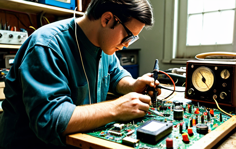 Vintage Electronics Repair Workspace**

A well-lit workbench cluttered with vintage electronic components: resistors, capacitors, a multimeter, and a soldering iron. A person wearing appropriate safety glasses is carefully soldering a connection on an old radio circuit board. The scene should evoke a sense of focused craftsmanship. Fully clothed, safe for work, appropriate content, perfect anatomy, natural proportions, professional, modest, family-friendly.

**