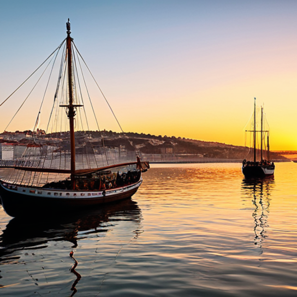 레트로 아날로그 카메라 - "Lisbon sunset reflecting on the Tagus River, warm colors, traditional boats, peaceful atmosphere, h...