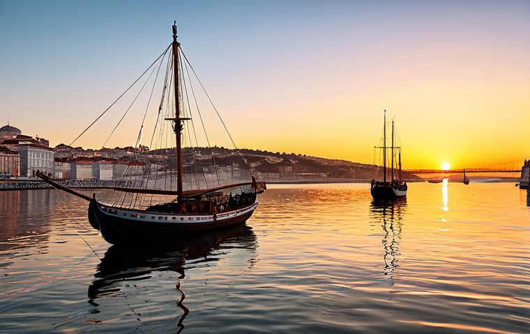 레트로 아날로그 카메라 - "Lisbon sunset reflecting on the Tagus River, warm colors, traditional boats, peaceful atmosphere, h...
