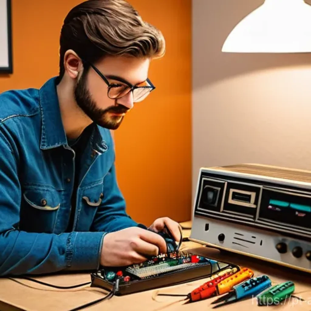 레트로 기기 수리 팁 - A focused young adult, wearing a comfortable, long-sleeved shirt and casual trousers, meticulously r...