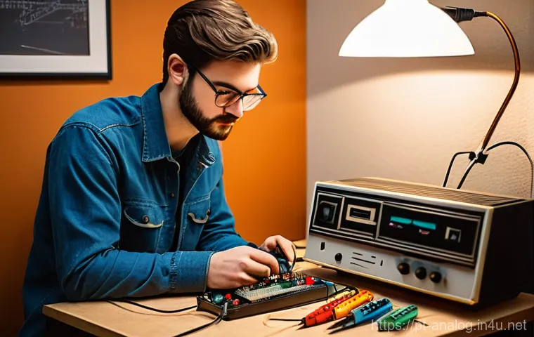 레트로 기기 수리 팁 - A focused young adult, wearing a comfortable, long-sleeved shirt and casual trousers, meticulously r...