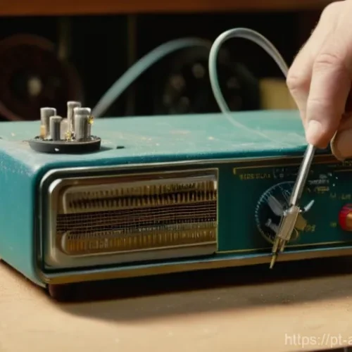 아날로그 기기 수리 - A close-up, highly detailed shot of skilled hands gently cleaning the internal circuit board of a vi...