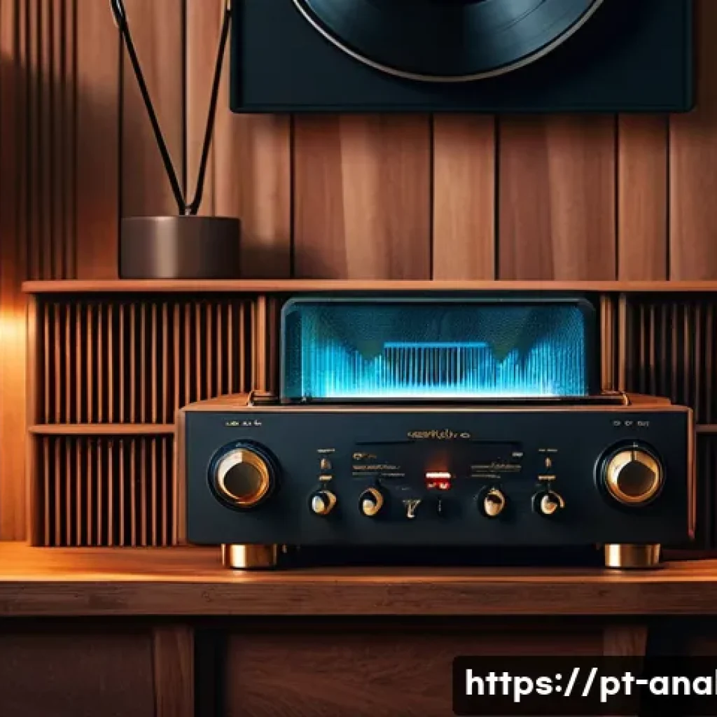 고급 아날로그 오디오 기기 - A cozy vintage audio room featuring a classic wooden valve amplifier with glowing vacuum tubes, a hi...
