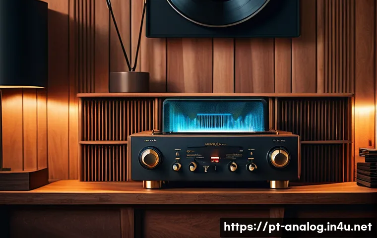 고급 아날로그 오디오 기기 - A cozy vintage audio room featuring a classic wooden valve amplifier with glowing vacuum tubes, a hi...