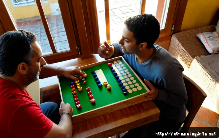보드 게임 전략 - Photorealistic overhead view of a Portuguese family thoughtfully planning a board game strategy arou...