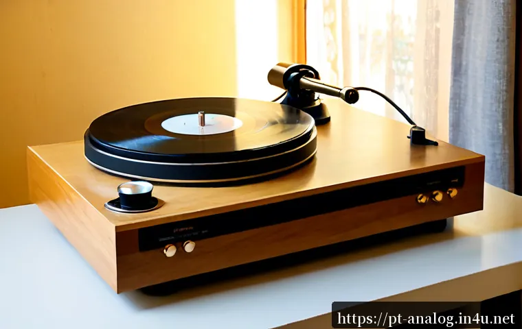 Home 17 아날로그 오디오 플레이어 추천 - Photorealistic vintage analog turntable with a vinyl record spinning in a warm Lisbon apartment, nat...